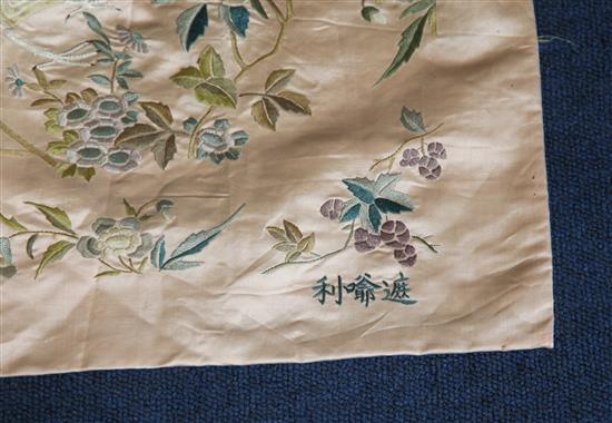 A Chinese embroidered pale pink silk panel, 150 x 160cm, unframed